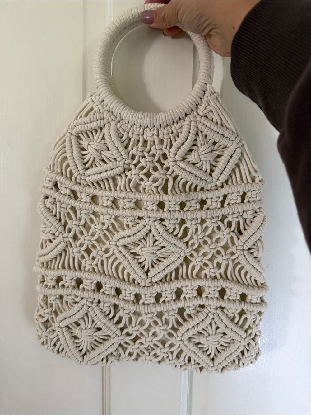 aerie Cream Macramé Circle-Handle Tote